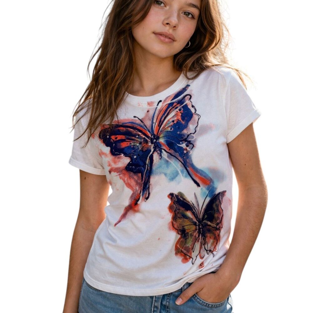Girls Butterfly Graphic Tee White Short Sleeve T-Shirt Size 6 (Little Girls) F R